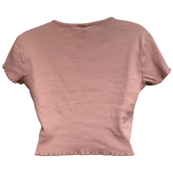 Light Brown Cropped Baby Tee Lettuce Trim Rhinestone Babe Size L Ribbed Y2K - Picture 2 of 12